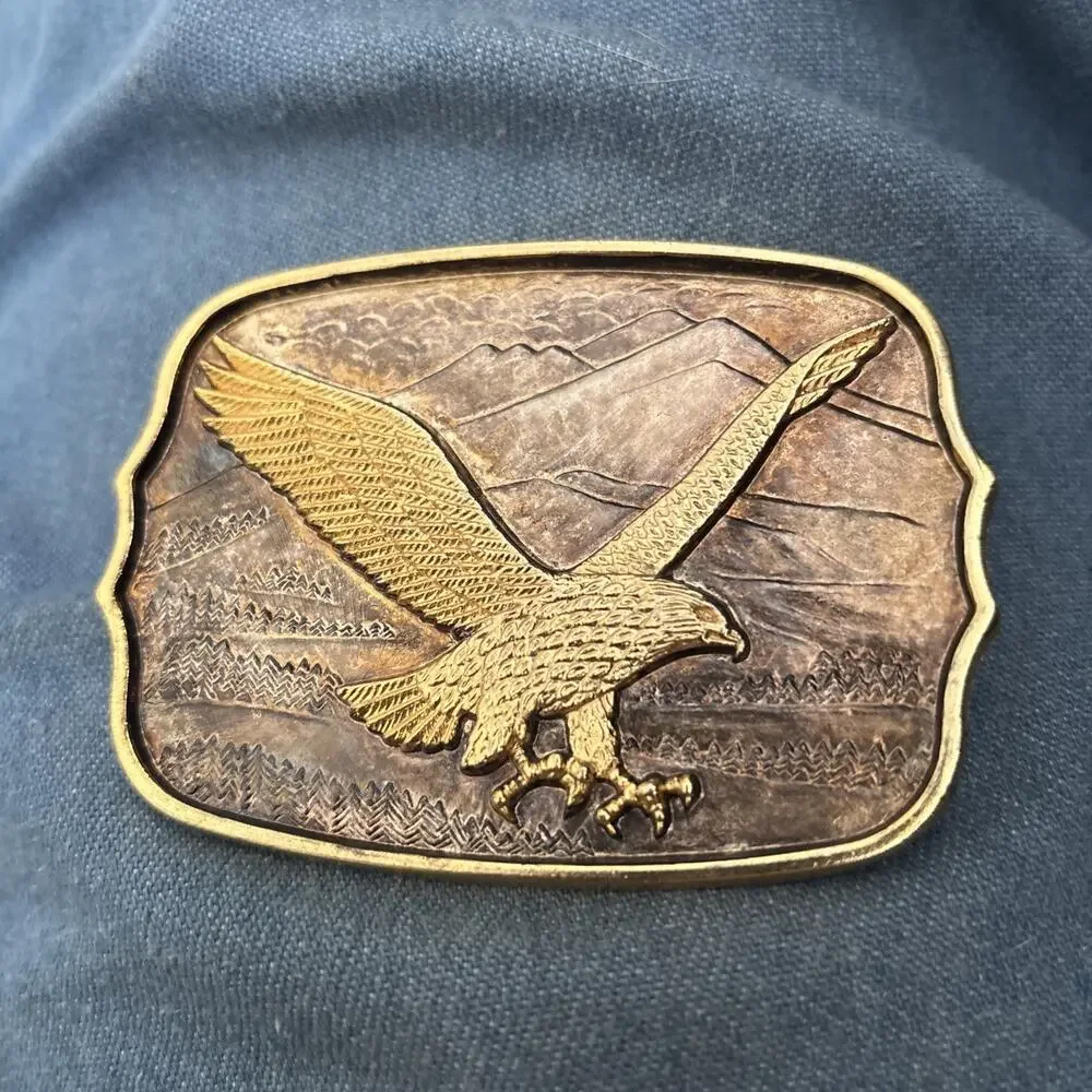 Vintage Eagle Belt Buckle Brass Tone Mountain Western Made Hong Kong